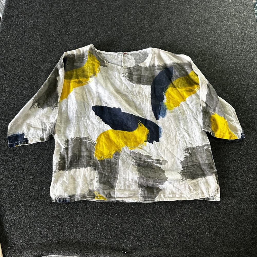 Made in Italy 100% Linen Abstract Brushstroke Boxy Top Yellow Navy White L/XL